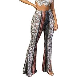 LoveLeiter Damen Boho Hippie Drucken Glockenhose Lange Fitness Hose Leicht Hohe Taille Freizeithose Atmungsaktiv Flare-Hose Streetwear Schlaghose Elegant Retro Flared Pants Stretch Bell Hose von LoveLeiter