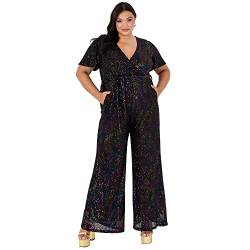 Lovedrobe Damen Ladies Playsuit for Women Black Sequin Short Sleeve Plunging Neck Plus Size Curve Big and Tall Belt Jumpsuit, 24 von Lovedrobe