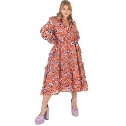 Lovedrobe Damen Midi Dress Plus Size Women Flower Pattern with Collar Long Sleeve Ruffle V Neckline Slit for Summer Office Kleid, Orange, 48 von Lovedrobe