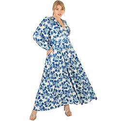 Lovedrobe Damen Womens Dress Plus Size Ladies V Neckline Maxi Long Sleeve Length Tie Belt Bishop Flower Pattern for Office Party Kleid, Blue, 50 von Lovedrobe