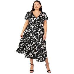 Lovedrobe Damen Womens Dress for Summer Plus Size Curve Midi Plunging Neckline Faux Wrap Puffed Sleeved Back Lace High Waist Kleid, Marble Print, 16 von Lovedrobe