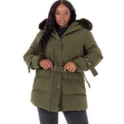 Lovedrobe Damen Womens Ladies Plus Size Jacket Quilted with Zip Pocket Waterproof Hood Belt Faux Fur Mini Length Warm Coat, Khaki, 48 von Lovedrobe