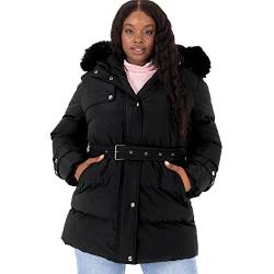 Lovedrobe Damen Womens Ladies Plus Size Jacket Quilted with Zip Pocket Waterproof Hood Belt Faux Fur Mini Length Warm Coat, Schwarz, 42 von Lovedrobe