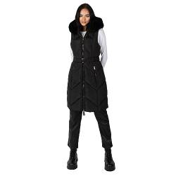 Lovedrobe Women's Ladies Gilet Faux Fur Hood Winter Jacket Sleeveless Padded Coat Quilted Belted Longline Body Warmer Outerwear, Schwarz, 48 von Lovedrobe