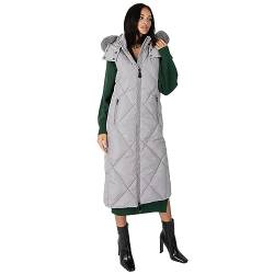 Lovedrobe Women's Long Gilet Ladies Winter Jacket Faux Fur Hooded Quilted Body Warmer Padded Sleeveless Coat Outerwear, Grau, 40 von Lovedrobe