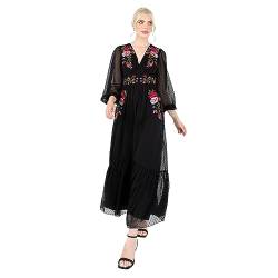 Lovedrobe Women's Maxi Dress Ladies Embroidered Long Sleeve V-Neck Floral Split Slit Sheer Embellished Button Front A-line Boho, Schwarz, 54 von Lovedrobe