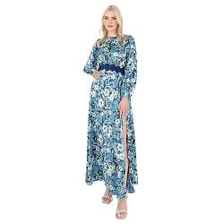 Lovedrobe Women's Maxi Dress Ladies Long Sleeve Satin Floral Lace Trim Round Crew Neck Slit Split Open Back A-line Wedding Guest, Blue, 54 von Lovedrobe