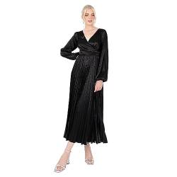 Lovedrobe Women's Midaxi Dress Ladies Black Pleated Satin Wrap V-Neckline Long Bishop Sleeve Open Back for Evening Party Occasion, Black, 52 von Lovedrobe