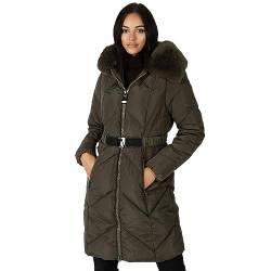 Lovedrobe Women's Winter Jacket Ladies Coat Quilted Padded Faux Fur Hood Belted Puffa Zip Front Pockets Puffer Outerwear, Khaki, 50 von Lovedrobe