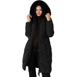 Lovedrobe Women's Winter Jacket Ladies Coat Quilted Padded Faux Fur Hood Belted Puffa Zip Front Pockets Puffer Outerwear, Schwarz, 36 von Lovedrobe