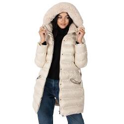 Lovedrobe Women's Winter Jacket Ladies Coat Quilted Puffa Padded Belted Pockets with Faux Fur Trim Puffer Outerwear, Beige, 36 von Lovedrobe