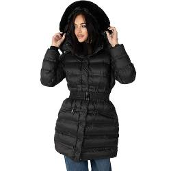 Lovedrobe Women's Winter Jacket Ladies Coat Quilted Puffa Padded Belted Pockets with Faux Fur Trim Puffer Outerwear, Schwarz, 42 von Lovedrobe