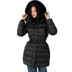 Lovedrobe Women's Winter Jacket Ladies Coat Quilted Puffa Padded Belted Pockets with Faux Fur Trim Puffer Outerwear, Schwarz, 52 von Lovedrobe