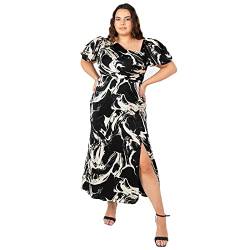 Lovedrobe Women's Womens Ladies Midaxi with Slit Plus Size Curve Asymmetrical Neckline Keyhole Bow Tie Puffed Short Sleeve Black Dress, Marble Print, 44 von Lovedrobe