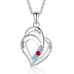 Lovejewellery Halskette damen personalisiert anhänger kette mit gravur kette silber 925 mit 3 namen halskette frauen mit geburtsstein mama kette 3 namen schmuck geschenk für damen (Herzförmig) von Lovejewellery