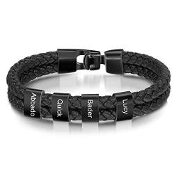 Personalisierte Armband mit 2~5 Name Perlen Herren Lederarmband Personalisiert Männer Braid Armband mit Namen Graviert Edelstahl Geschenk für Männer Vatertag (4 Name) von Lovejewellery