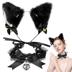 Katzenohren Haarreif, Cat Ears und Glöckchen Halskette, Katzenohren, Katzenohren Haarreif Damen, Katzen Ohren Geeignet für Cosplay Kostümpartys Halloween Karneval Maskerade (Schwarz) von Lovesmile