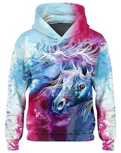 Loveternal Pullover Mädchen 3D Druck Kapuzenpul Farbiges Pferd Hoodie Langarm Sweatshirt für Teen Jungen Mädchen Weiß 6-8 Jahre Pullover L von Loveternal