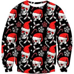 Loveternal Ugly Christmas Pullover Weihnachtsmütze Schädel Weihnachtspullover Damen 3D Druck Xmas Sweater Langarm Schneeflocke Pullover Jumper L von Loveternal