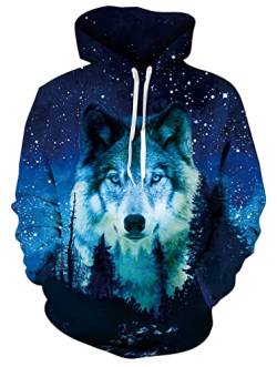 Loveternal Unisex 3D Sternen Wolf Druck Hoodie Kapuzenpullover Coole Langarm Pullover Casual Sweatshirt für Frauen Männer XL von Loveternal