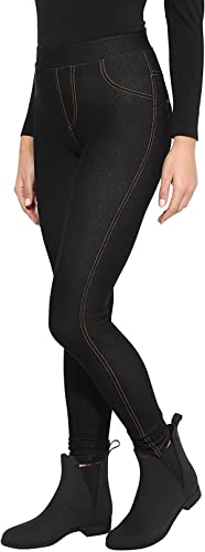 Loxdonz Damen Jeans Denim Look Leggings Jeggings Mid Rise Slim Fit Freizeithose mit Gesäßtaschen, Schwarz , Medium/Large von Loxdonz