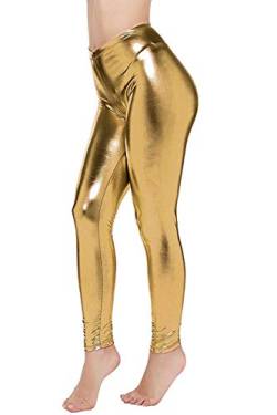 Loxdonz Damen-Leggings im Wetlook, glänzend, metallisch, mit flüssiger Taille, Stretchhose, Gold, Groß von Loxdonz