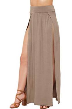 Loxdonz Damen Stretch Split Maxi Langer Rock Einfarbig Seitenschlitz Strand Party Maxi Röcke, mokka, X-Groß von Loxdonz