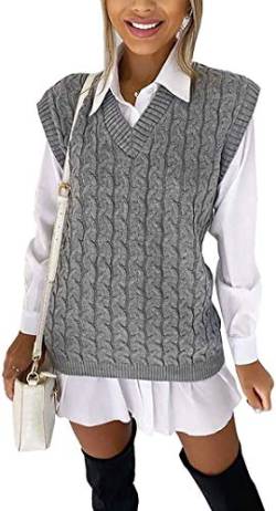 Loxdonz Damen V Ausschnitt Ärmellos Pullover Zopfmuster Grobstrick Weste Tank Top Sweater, grau, M von Loxdonz