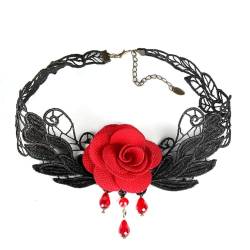 Damen Red Rose Blume Spitzen Halskette Populäres Mädchen Gothic Black Spitzenkragen Halskette Halskette von Lpitoy