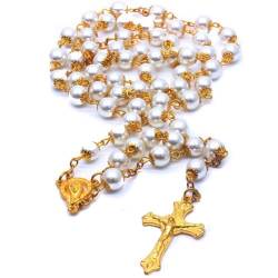 Lpitoy Katholische Frauenzeremonie Rosarischer Frauen, Weibliche Goldene Rosenkranz Halskette Perlenperlen Kreuzwand Kreuz Halskette Golden Pearl Rosenkranz Halskette Geschenk von Lpitoy