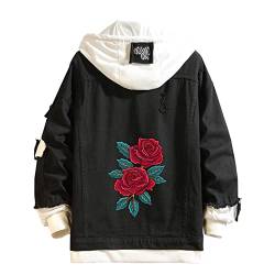 Lpstop Rote Rose Blumendruck Jeansjacke Grafik Hoodie Y2K Leichte Jacke für Teenager Erwachsene von Lpstop