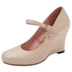 Damen Keilabsatz Mary Jane Schuhe, Höhe Ferse Pumpe Runde Zehen Schnalle Kleid Pumps Simple Hcahsm Beige Gr 40 EU von Lroey Reoly