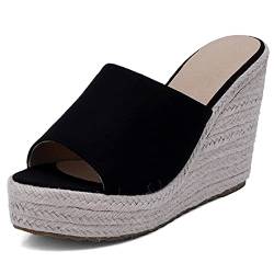 Damen Pantoletten mit Absatz, Sandalen Peep Toe Leisure Keilabsatz Espadrille mit Plateau Ohne Verschluss 273 Schwarz Gr 34 EU von Lroey Reoly