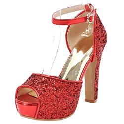 Damen Sandale mit Absatz, Sandalen Peep Toe Elegant Blockabsatz Party Schuhe mit Plateau Schnalle Knöchelriemchen Glitzer 096 Rot Gr 38 EU von Lroey Reoly