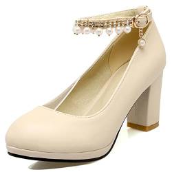 Lroey Reoly Damen Blockieren Fersenpumps, Höhe Ferse Pumpe Runde Zehen Schnalle Abendschuhe mit Plateau Knöchelriemchen Beaded Elegant Solid Schuhe Rkbpml Beige Gr 33 EU von Lroey Reoly