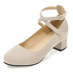 Lroey Reoly Damen Blockieren Fersenpumps, Mittlere Fersenpumpe Runde Zehen Schnalle Büroschuhe Criss Cross Strap Leisure Ffluen Beige Gr 41 EU von Lroey Reoly