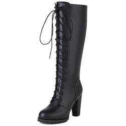 Lroey Reoly Damen Hohe Stiefel mit Blockabsatz, Winterstiefel Klassische Zip Overknees Stiefel Höhe Ferse Runde Zehen 323 Schwarz Gr 48 EU von Lroey Reoly