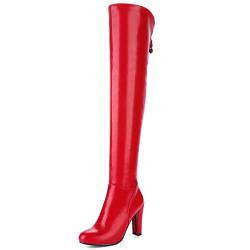 Lroey Reoly Damen Overknee Stiefel mit Blockabsatz, Anzugstiefel Mode Zip Overknees Stiefel Höhe Ferse Pointed Toe 362 Rot Gr 41 EU von Lroey Reoly