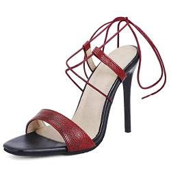 Lroey Reoly Damen Sandale mit Absatz, Sandalen Offene Zeh Elegant Stiletto Party Schuhe Schnüren 158 Rot Gr 47 EU von Lroey Reoly