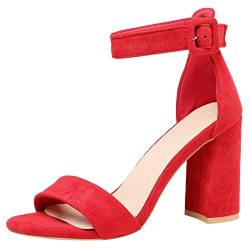 Lroey Reoly Damen Sandale mit Absatz, Sandalen Offene Zeh Mode Blockabsatz Party Schuhe Schnalle Knöchelriemchen 012 Rot Gr 39 EU von Lroey Reoly