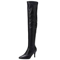 Lroey Reoly Damen Stiletto Overknee Stiefel, Partystiefel Höhe Ferse Pointed Toe Boots Zip 055 Schwarz Gr 39 EU von Lroey Reoly