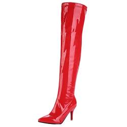 Lroey Reoly Damen Stiletto Overknee Stiefel, Partystiefel Höhe Ferse Pointed Toe Feste Stiefel Zip 061 Rot Gr 40 EU von Lroey Reoly