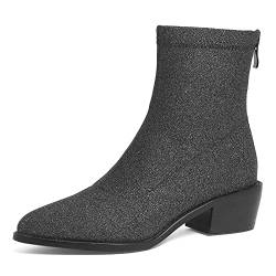 Lroey Reoly Damenstiefeletten mit Blockabsatz, Kleid Stiefeletten Mode Zip Kurzschaft Stiefel Mitte Absatz Pointed Toe 369 Silber/R Gr 36 EU von Lroey Reoly