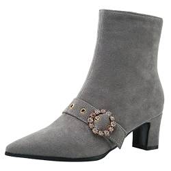 Lroey Reoly Damenstiefeletten mit Blockabsatz, Winterschuhe Mitte Absatz Pointed Toe Stiefeletten Zip Beaded 080 Grau Gr 33 EU von Lroey Reoly