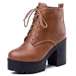 Lroey Reoly Damenstiefeletten mit Chunky Heel, Kampfstiefel Höhe Ferse Runde Zehen Stiefeletten Schnüren Plateau 137 Braun/Hm Gr 35 EU von Lroey Reoly