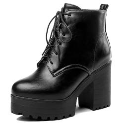 Lroey Reoly Damenstiefeletten mit Chunky Heel, Kampfstiefel Höhe Ferse Runde Zehen Stiefeletten Schnüren Plateau 137 Schwarz/Hm Gr 39 EU von Lroey Reoly