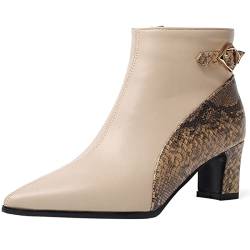 Lroey Reoly Damenstiefeletten mit Kitten-Heel, Kleid Stiefeletten Mitte Absatz Pointed Toe Stiefeletten Snakeskin Print Zip 077 Aprikose Gr 33 EU von Lroey Reoly