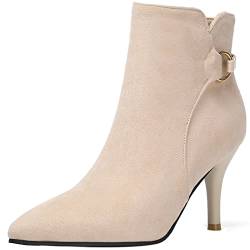 Lroey Reoly Stöckelschuhe Für Damen, Kleid Stiefeletten Höhe Ferse Pointed Toe Stiefeletten Solid Zip 045 Beige Gr 38 EU von Lroey Reoly