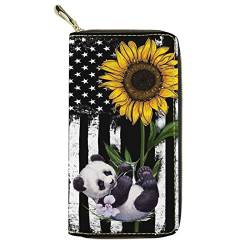 Lsjuee Amerikanische Flagge Sonnenblume Panda Print Geldbörsen für Frauen PU-Leder Kreditkartenhalter Schlanke Damen Clutch Geldbörse Reißverschluss um Geldbeutel Reiseorganisator von Lsjuee