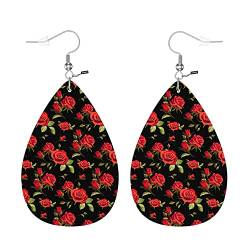 Rosen-Leder-Ohrhänger-Set, Blumenliebe, rote Rosen, grüne Blätter auf Schwarz, leichte Tropfenohrringe, Leder-Ohrringe, für Frauen, Mädchen, Hochzeitsschmuck von Lsjuee